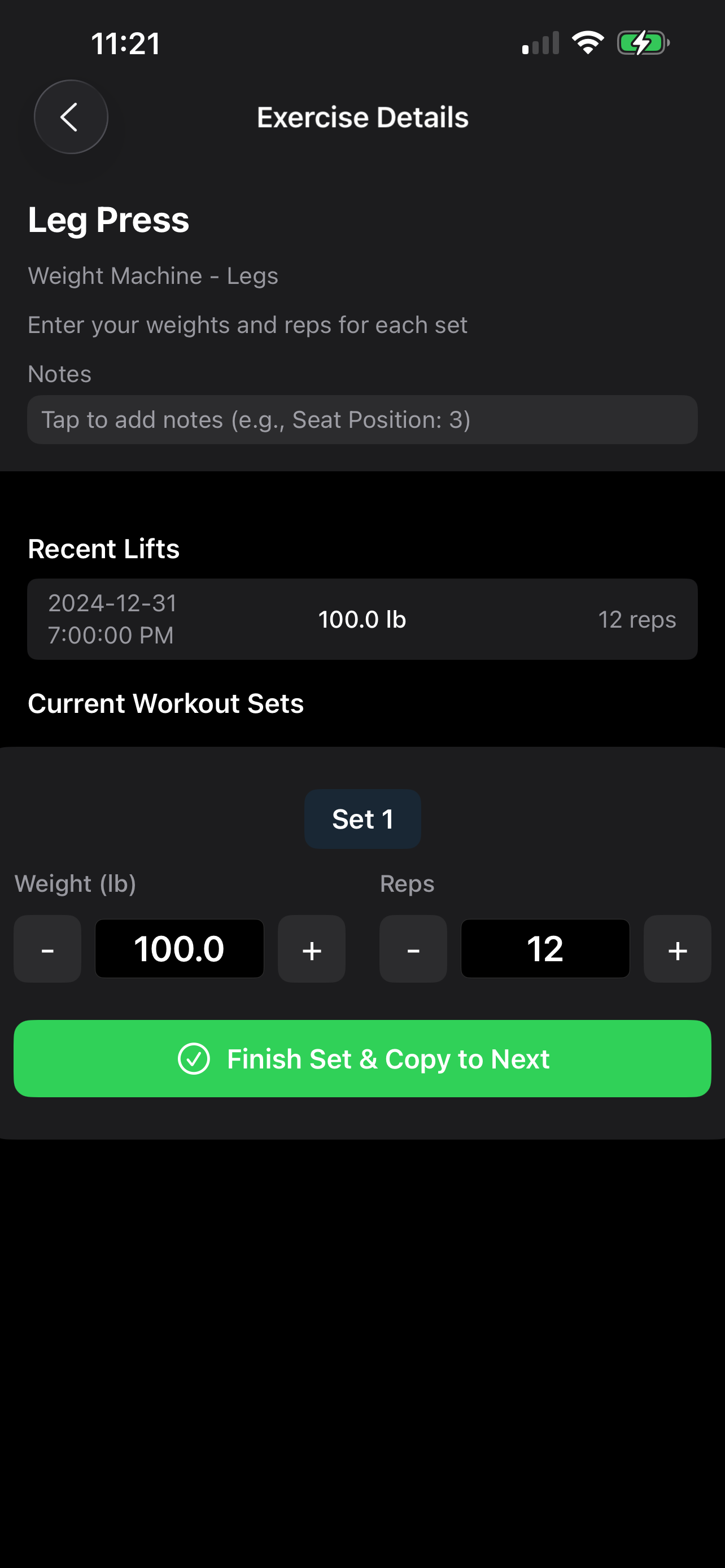 Progress graphs showing weight and rep progression over time